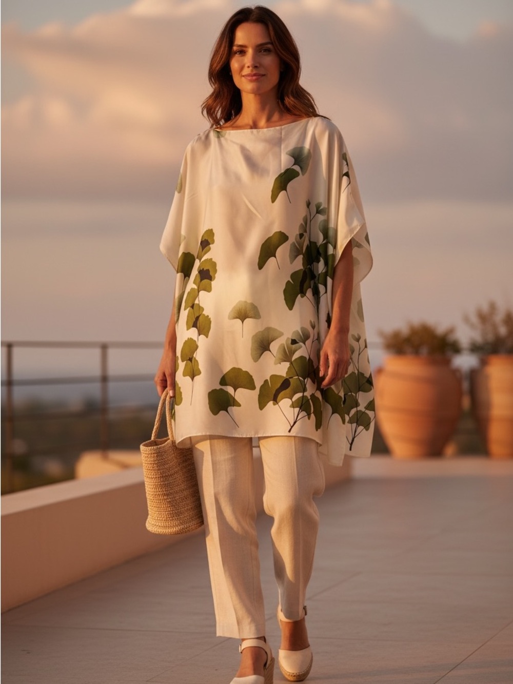 Women's Cream Floral Leaf Print silky Tunic Top